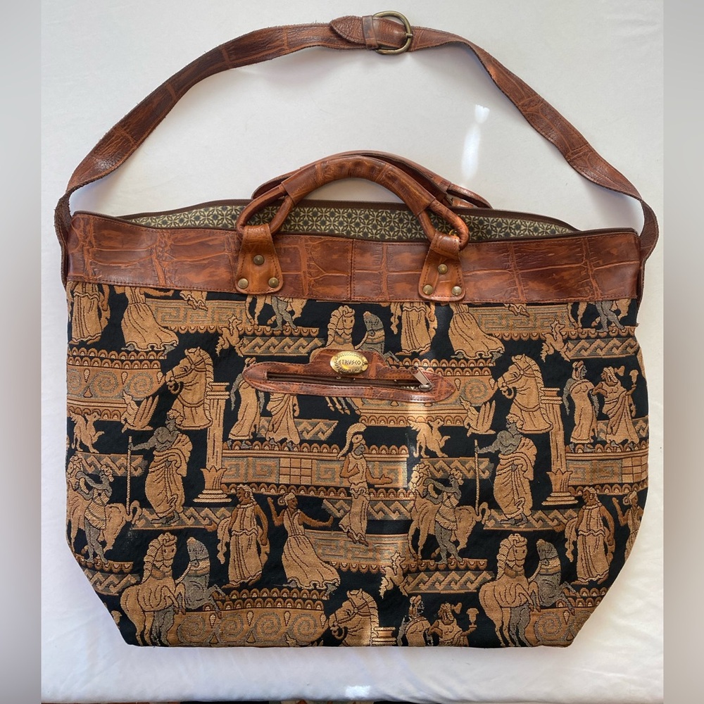Woven Tapestry Shoulder Bag with Brown Leather Trim